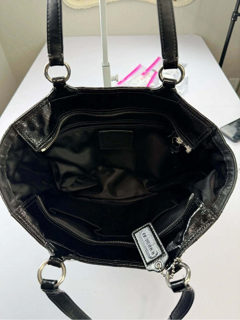 Coach Signature Patent Leather Shoulder Tote Black Silver Hardware F19463 Preppy